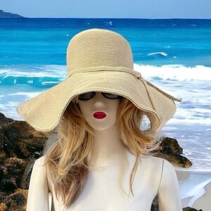 Vintage Bucket Hat Women Beige Woven Beach Hat Wide Brimmed Sun Hat Rope Bow Hat
